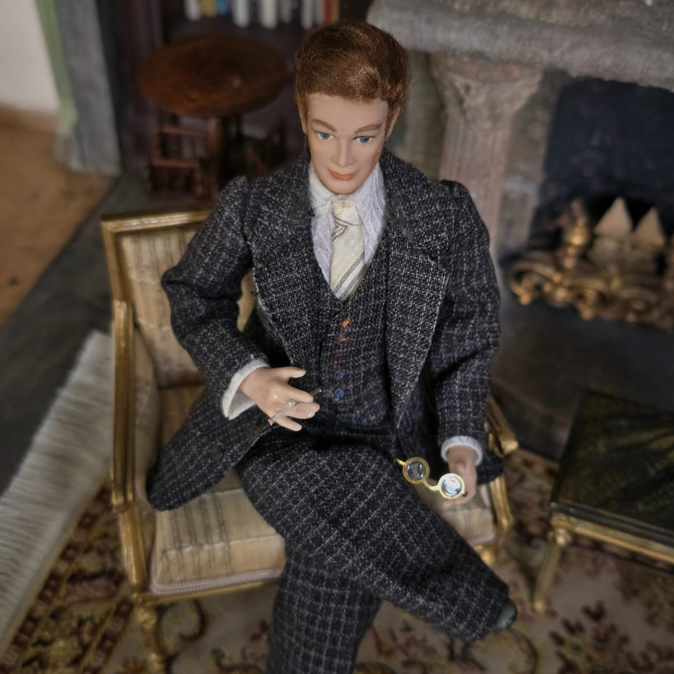 Miniature Dollhouse Porcelain Executive Gentleman Man Doll Cigarette & Wool Suit