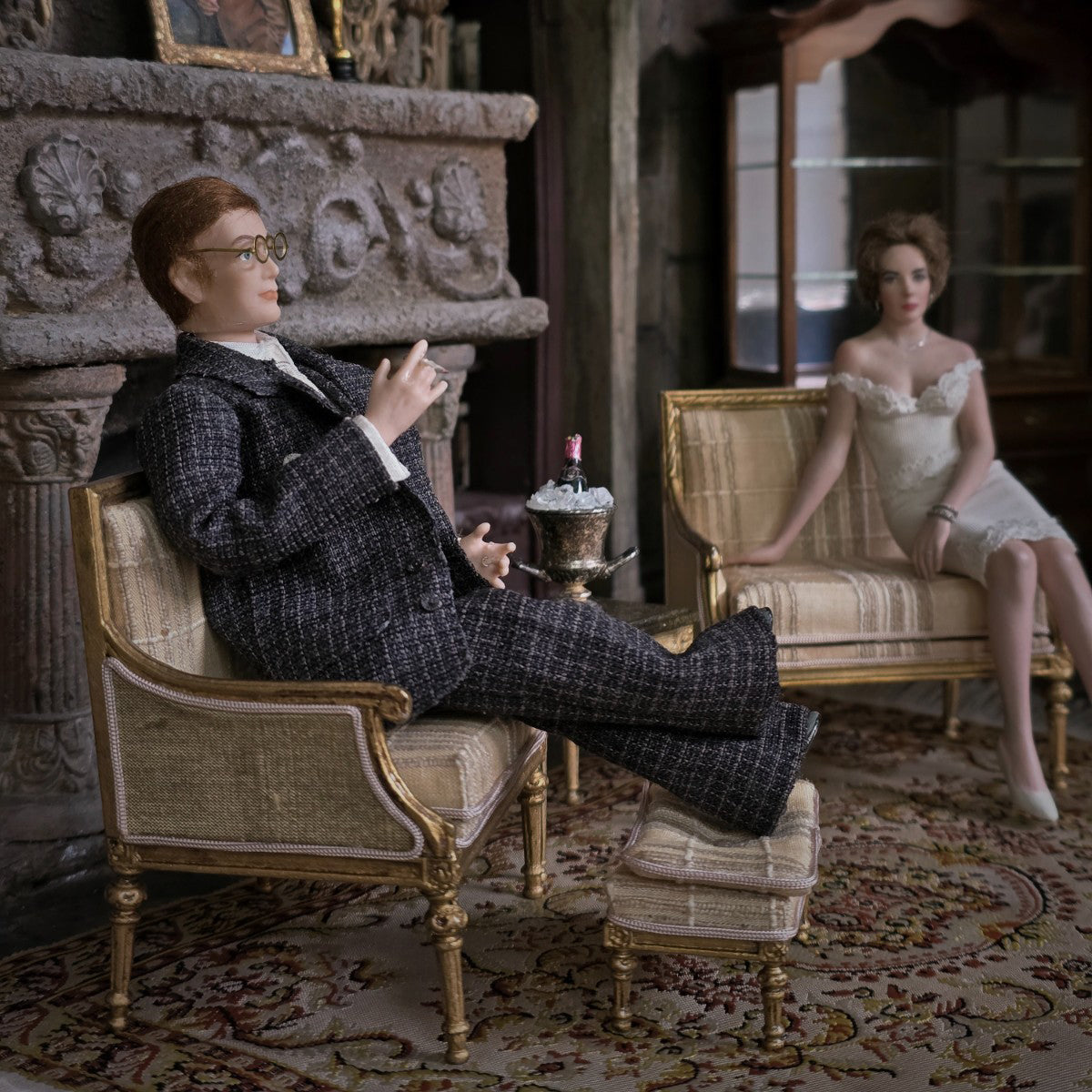Miniature Dollhouse Porcelain Executive Gentleman Man Doll Cigarette & Wool Suit