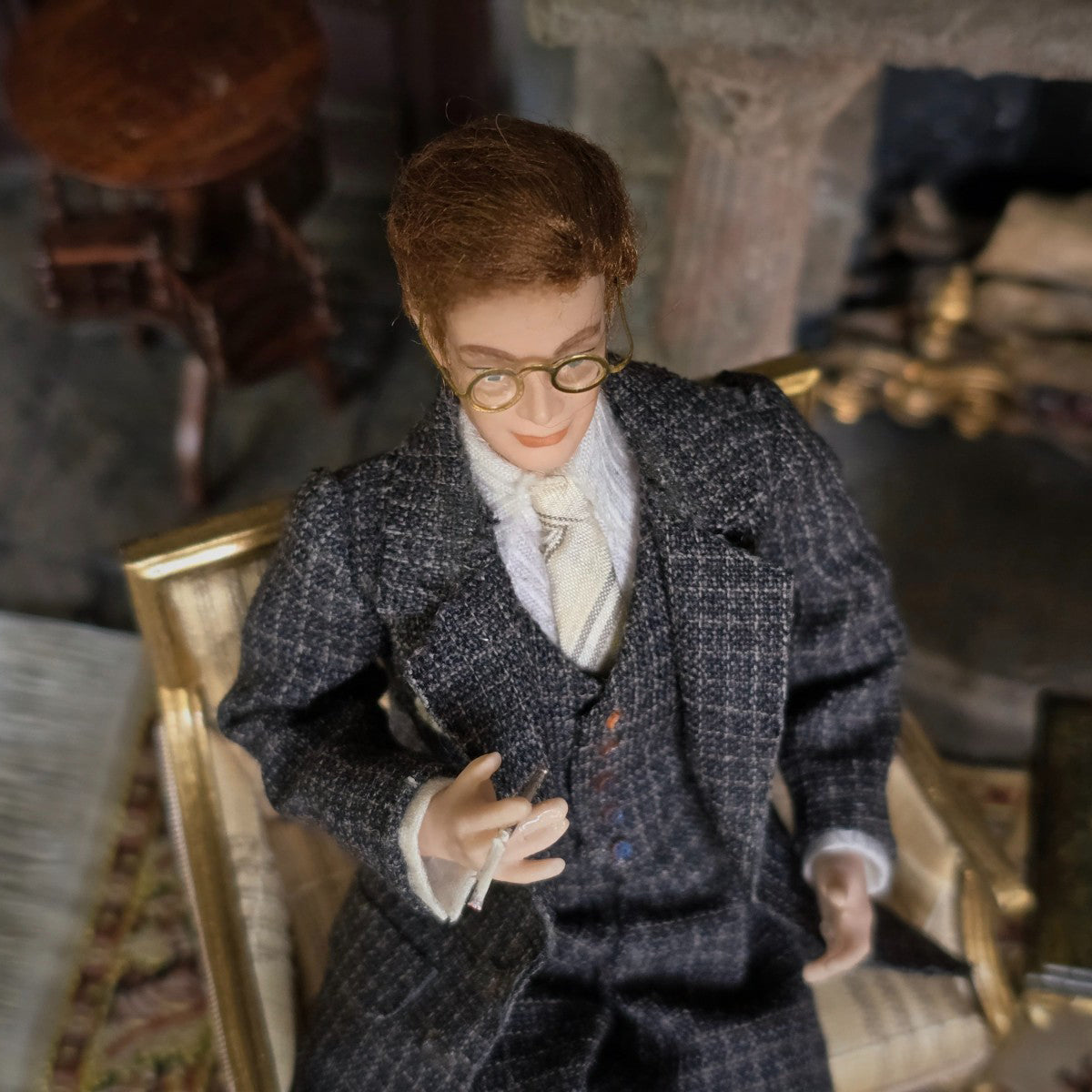 Miniature Dollhouse Porcelain Executive Gentleman Man Doll Cigarette & Wool Suit