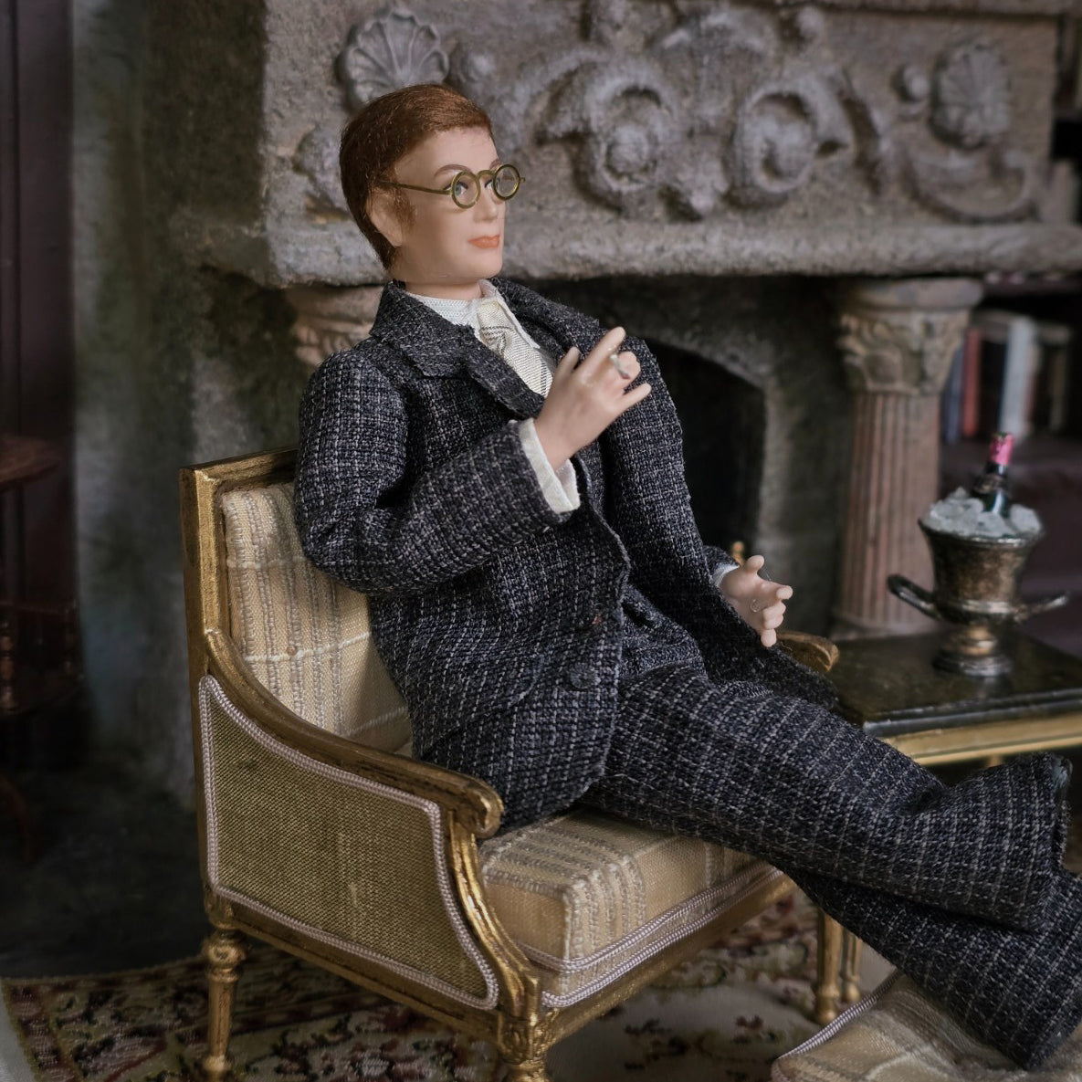 Miniature Dollhouse Porcelain Executive Gentleman Man Doll Cigarette & Wool Suit