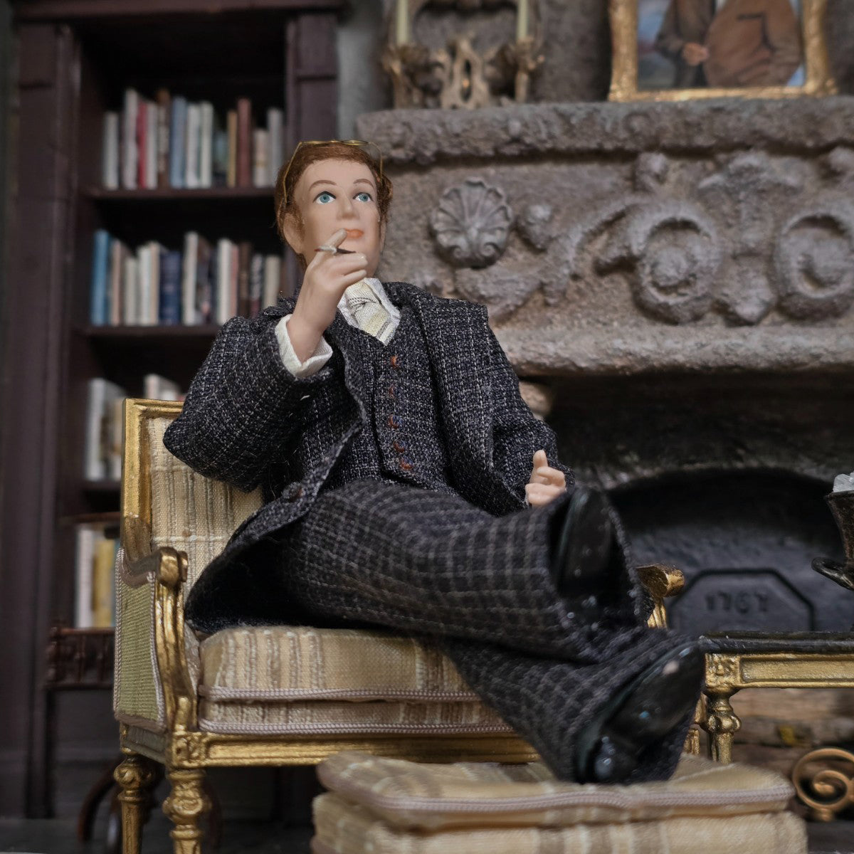 Miniature Dollhouse Porcelain Executive Gentleman Man Doll Cigarette & Wool Suit