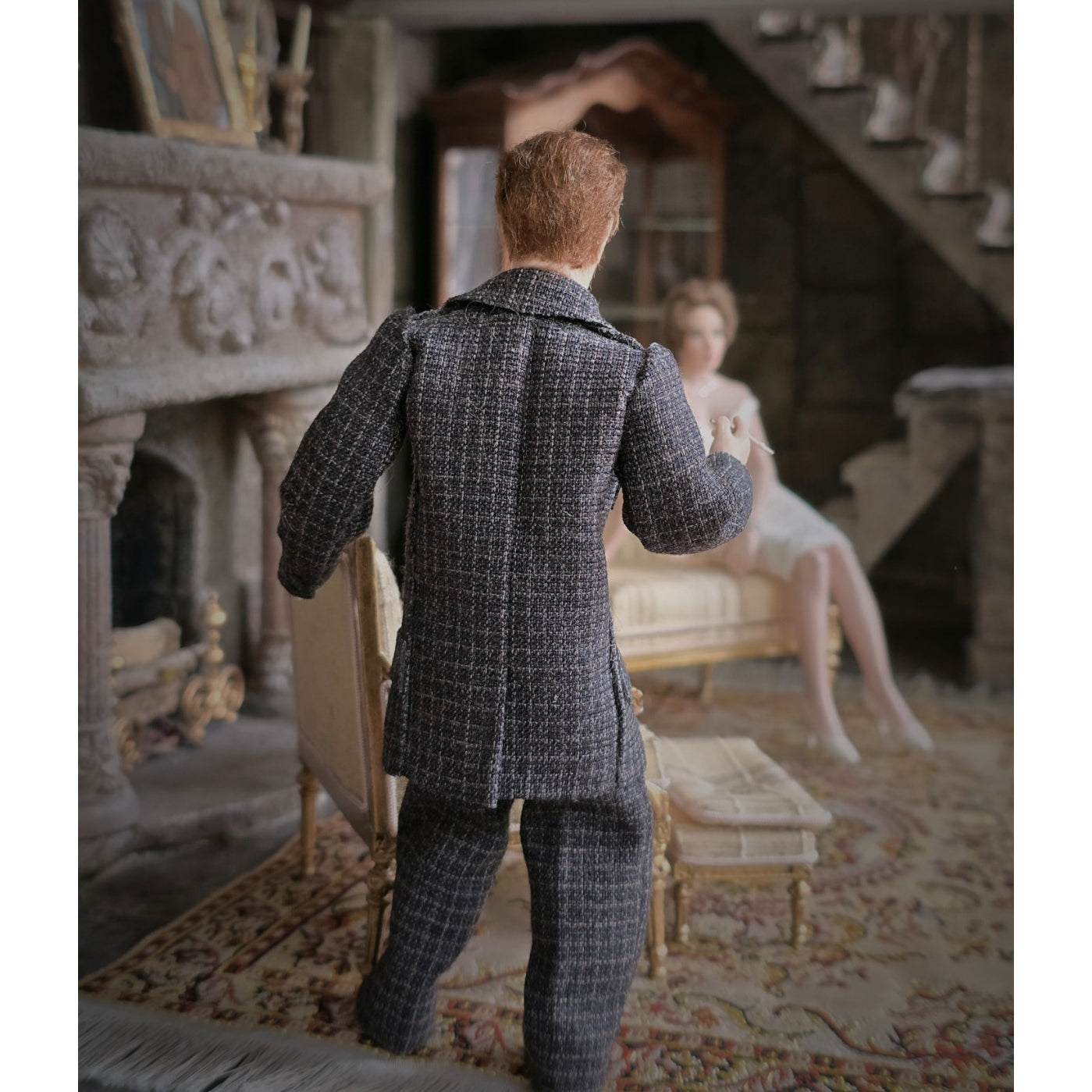 Miniature Dollhouse Porcelain Executive Gentleman Man Doll Cigarette & Wool Suit