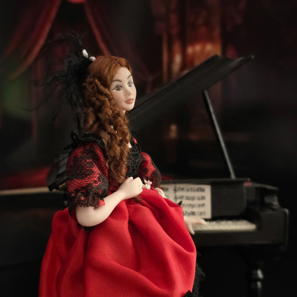 Saloon Lady Red Dress Porcelain Doll Victorian Cabaret OOAK Miniature Dollhouse