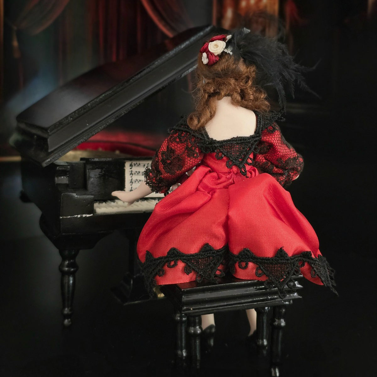 Saloon Lady Red Dress Porcelain Doll Victorian Cabaret OOAK Miniature Dollhouse