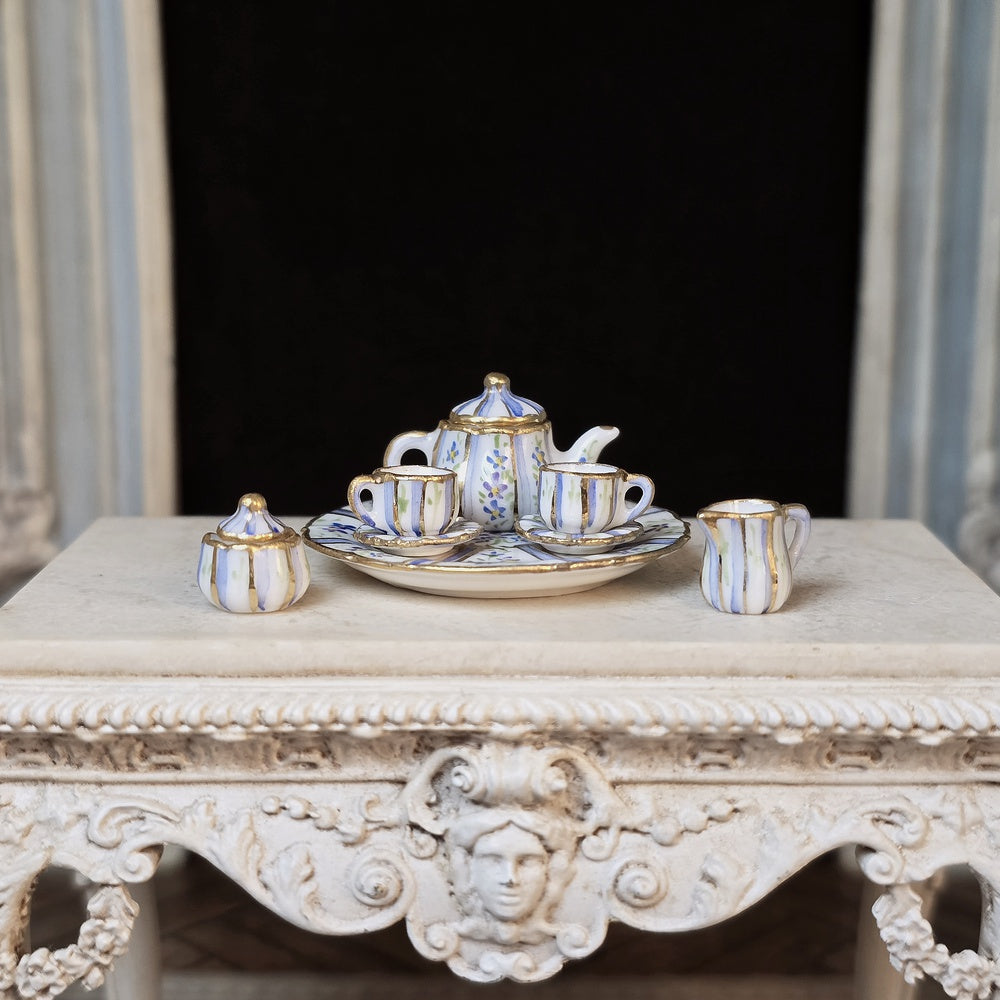 RESERVED IRENE ONLY Beate Wickert French Limoges Style Blue Violets Floral Dollhouse Miniature Tea Service