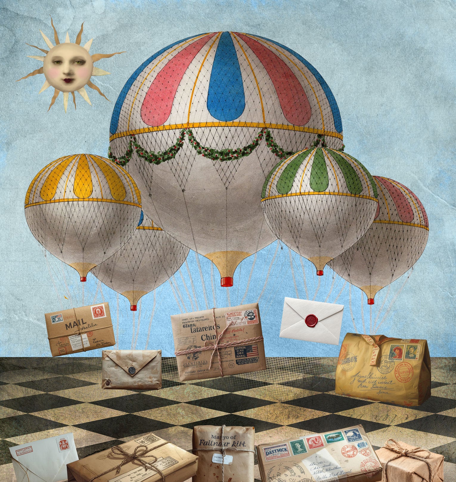 Collage of hot air balloons, envelopes, and packages against a blue sky with a sun.