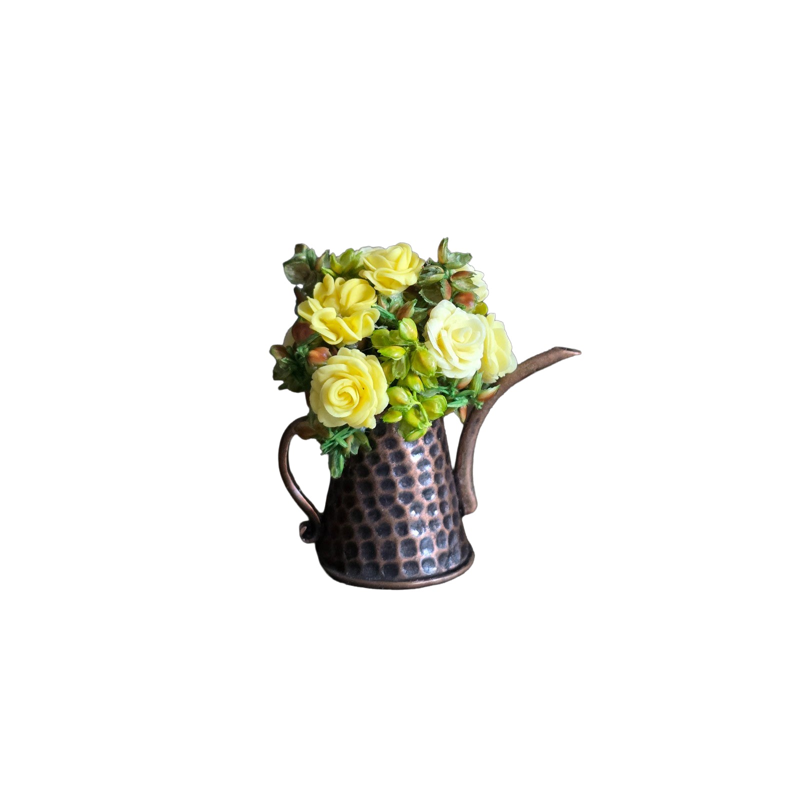 Miniature Dollhouse Japanese Clay Yellow & White Roses Copper Watering Can 1:6