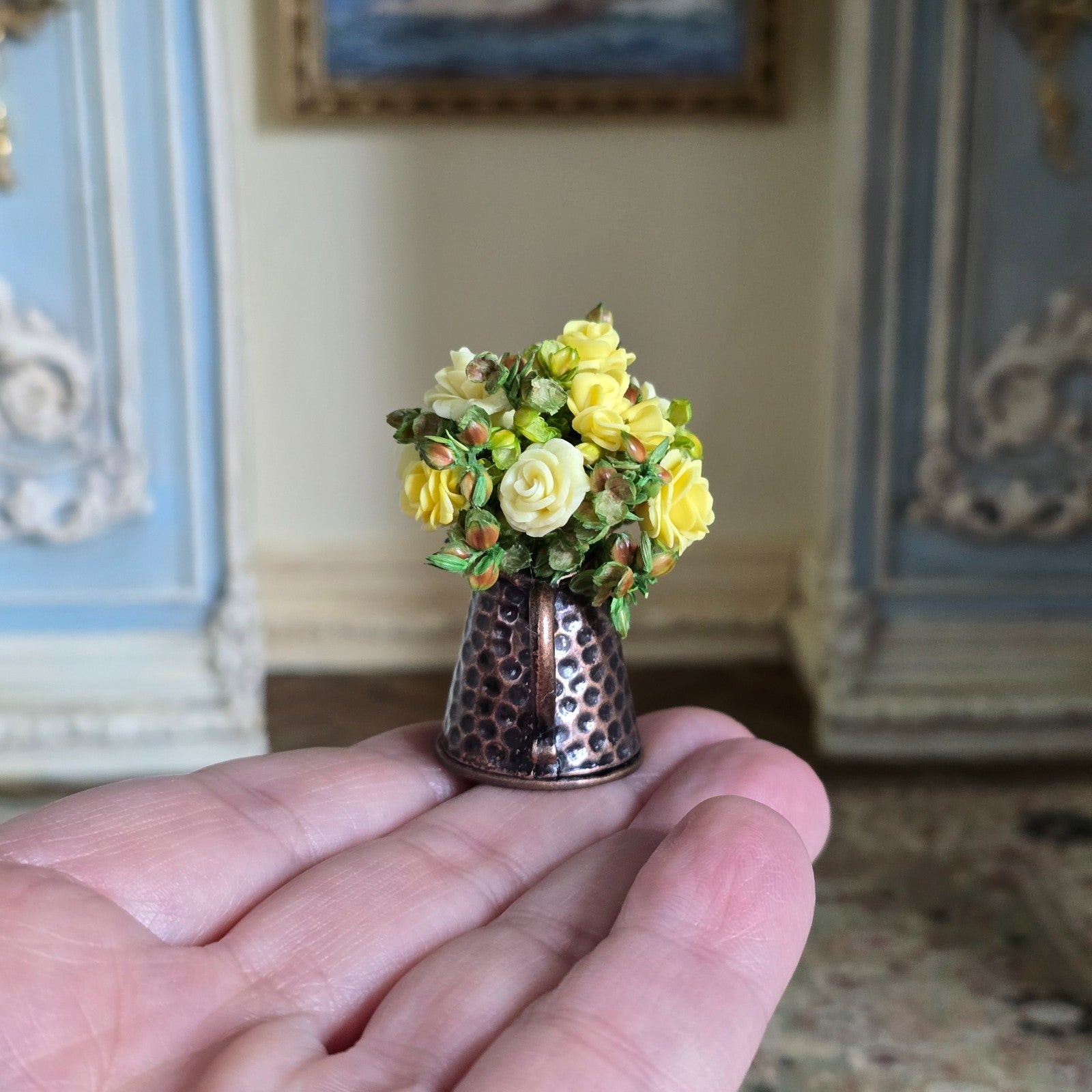 Miniature Dollhouse Japanese Clay Yellow & White Roses Copper Watering Can 1:6