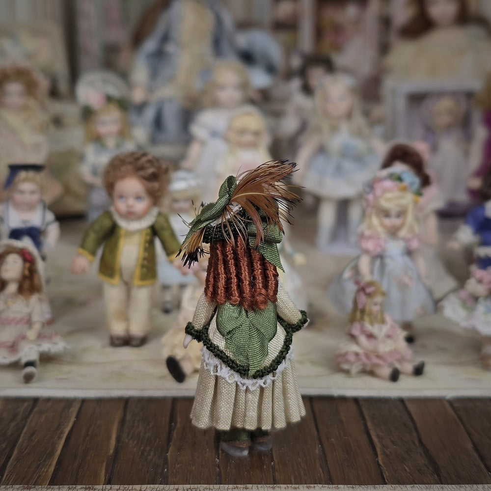 Terri Davis Miniature Dolly Victorian Green and Gold Silk Dress with Red Curls