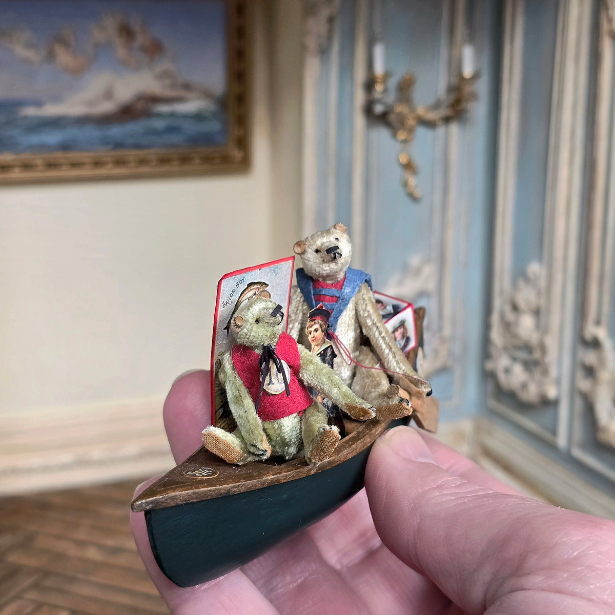 Marie-Pierre Gratias MP Creations Two Teddy's in Hand Carved Canoe