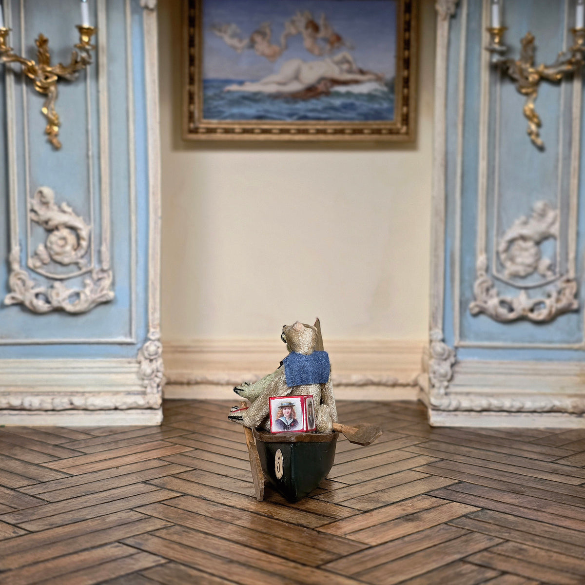 Marie-Pierre Gratias MP Creations Two Teddy's in Hand Carved Canoe