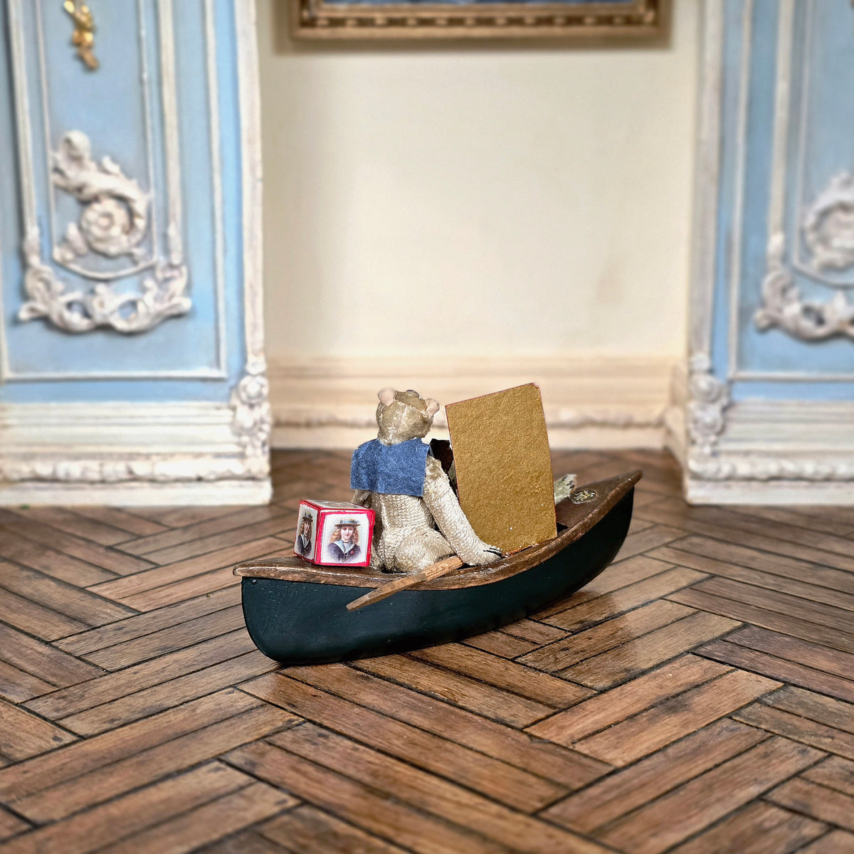 Marie-Pierre Gratias MP Creations Two Teddy's in Hand Carved Canoe