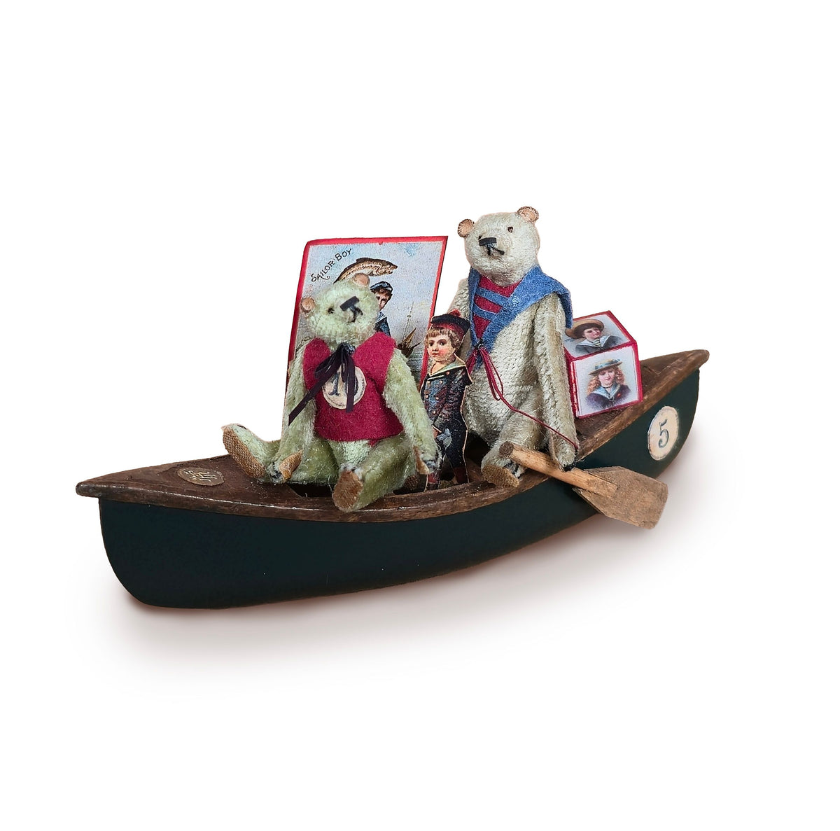 Marie-Pierre Gratias MP Creations Two Teddy's in Hand Carved Canoe