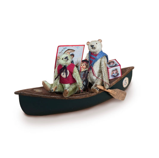 Marie-Pierre Gratias MP Creations Two Teddy's in Hand Carved Canoe
