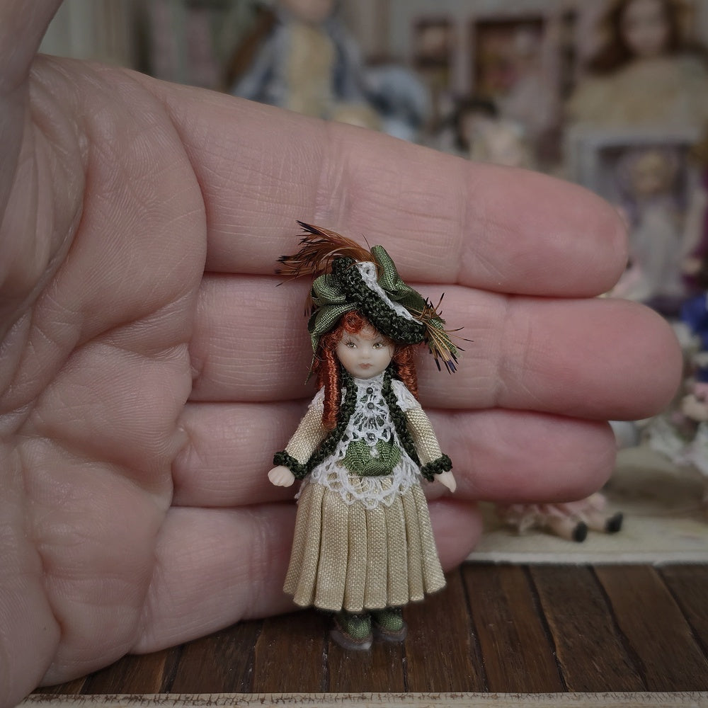 Terri Davis Miniature Dolly Victorian Green and Gold Silk Dress with Red Curls