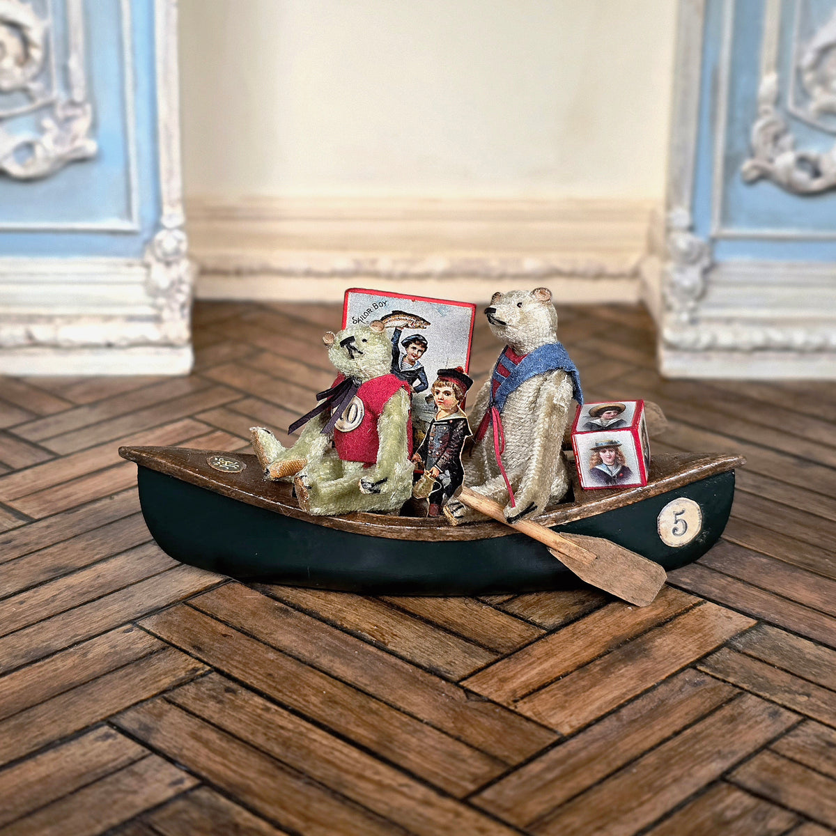 Marie-Pierre Gratias MP Creations Two Teddy's in Hand Carved Canoe