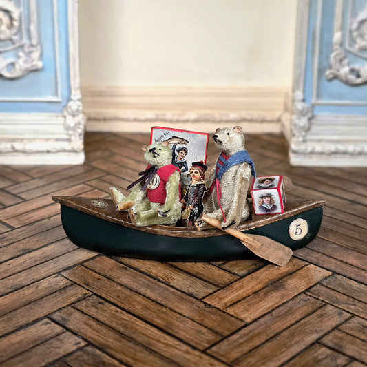Marie-Pierre Gratias MP Creations Two Teddy's in Hand Carved Canoe