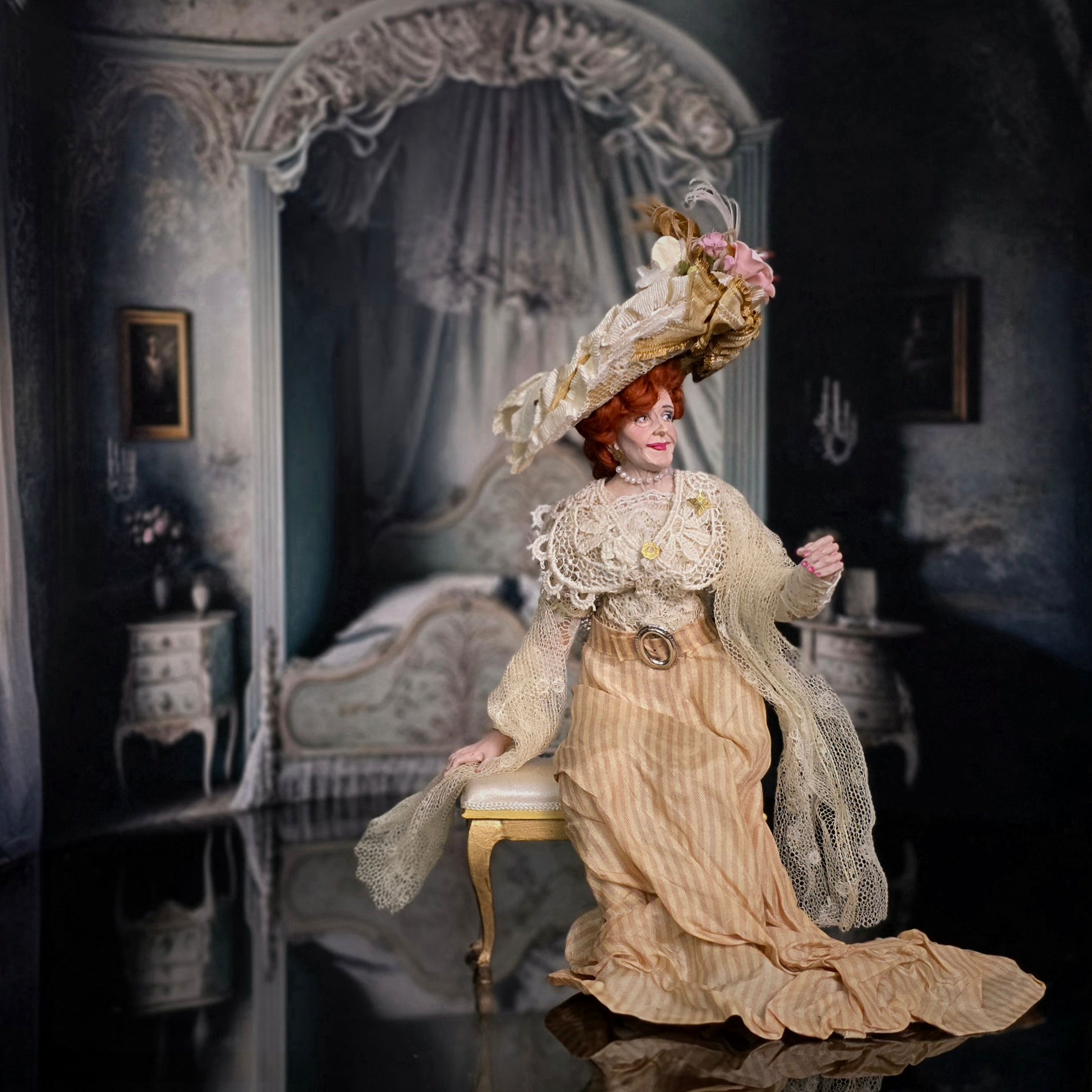 ORIGINAL Marcia Backstrom Older Victorian Lady with Fabulous Hat Antique Lace Shaw