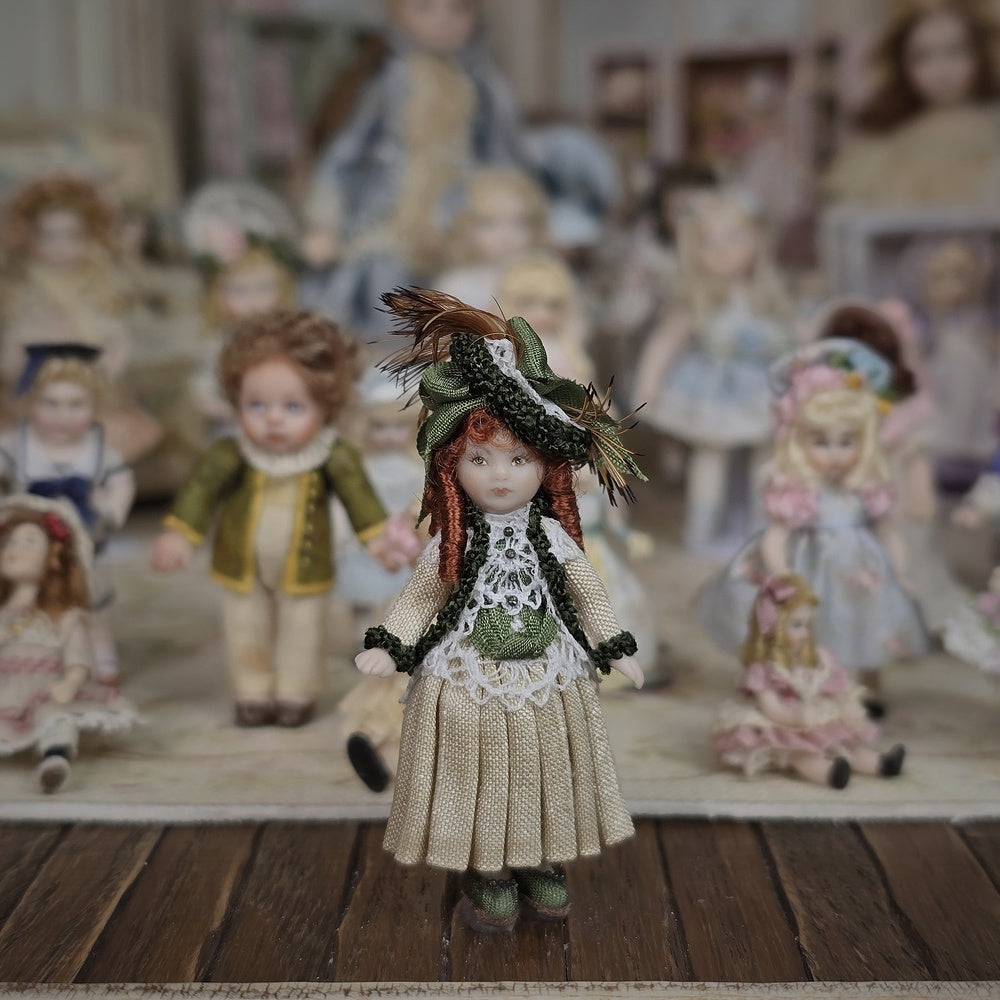 Terri Davis Miniature Dolly Victorian Green and Gold Silk Dress with Red Curls