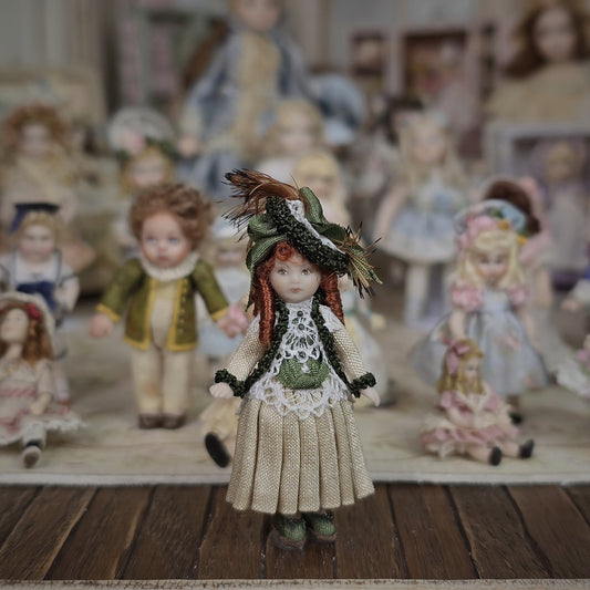 Terri Davis Miniature Dolly Victorian Green and Gold Silk Dress with Red Curls