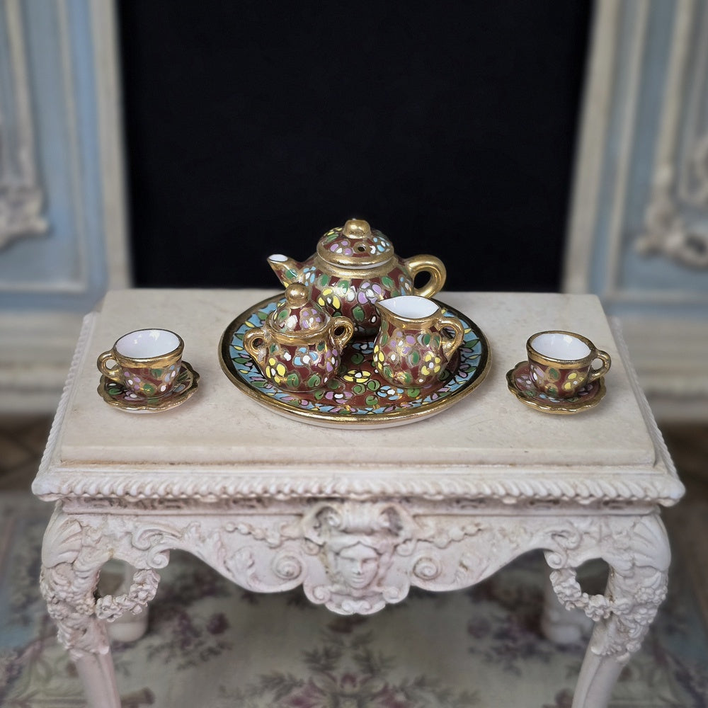 OOAK 8-Pc Burgundy Jewel-Toned Floral Mosaic Tea Set with Service for Two