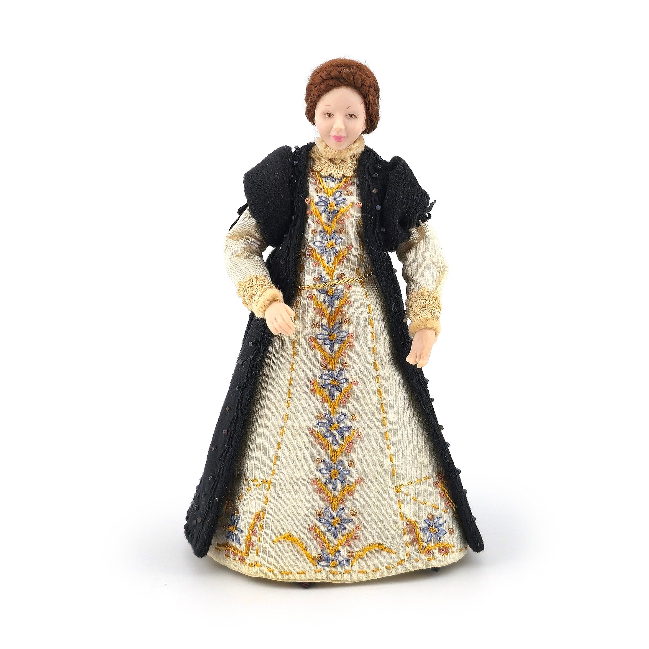 Artisan Tudor Lady Doll in Hand-Embroidered Kirtle & Black Loose Gown