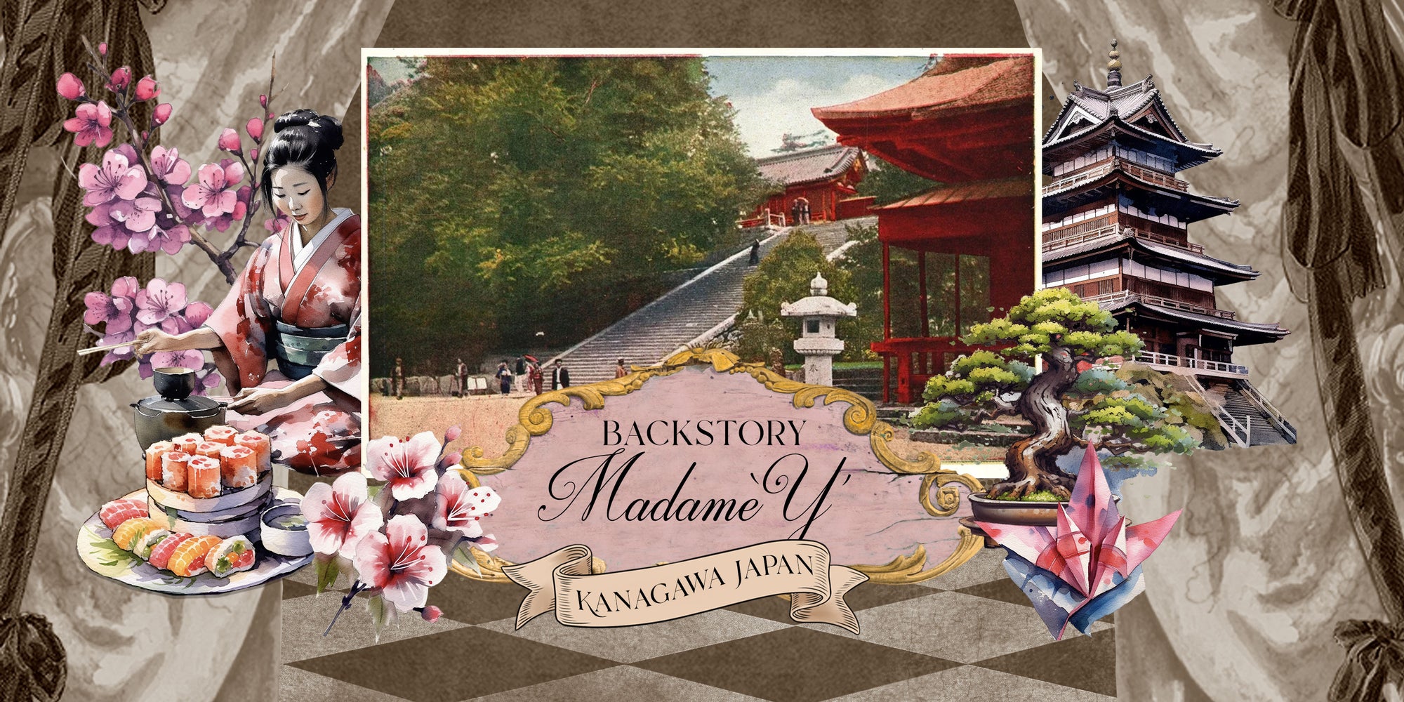 Illustration of a traditional Japanese scene with a temple, cherry blossoms, and a woman in a kimono.