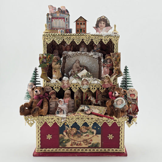 Decorative cabinet with vintage-style toys and teddy bears on a white background