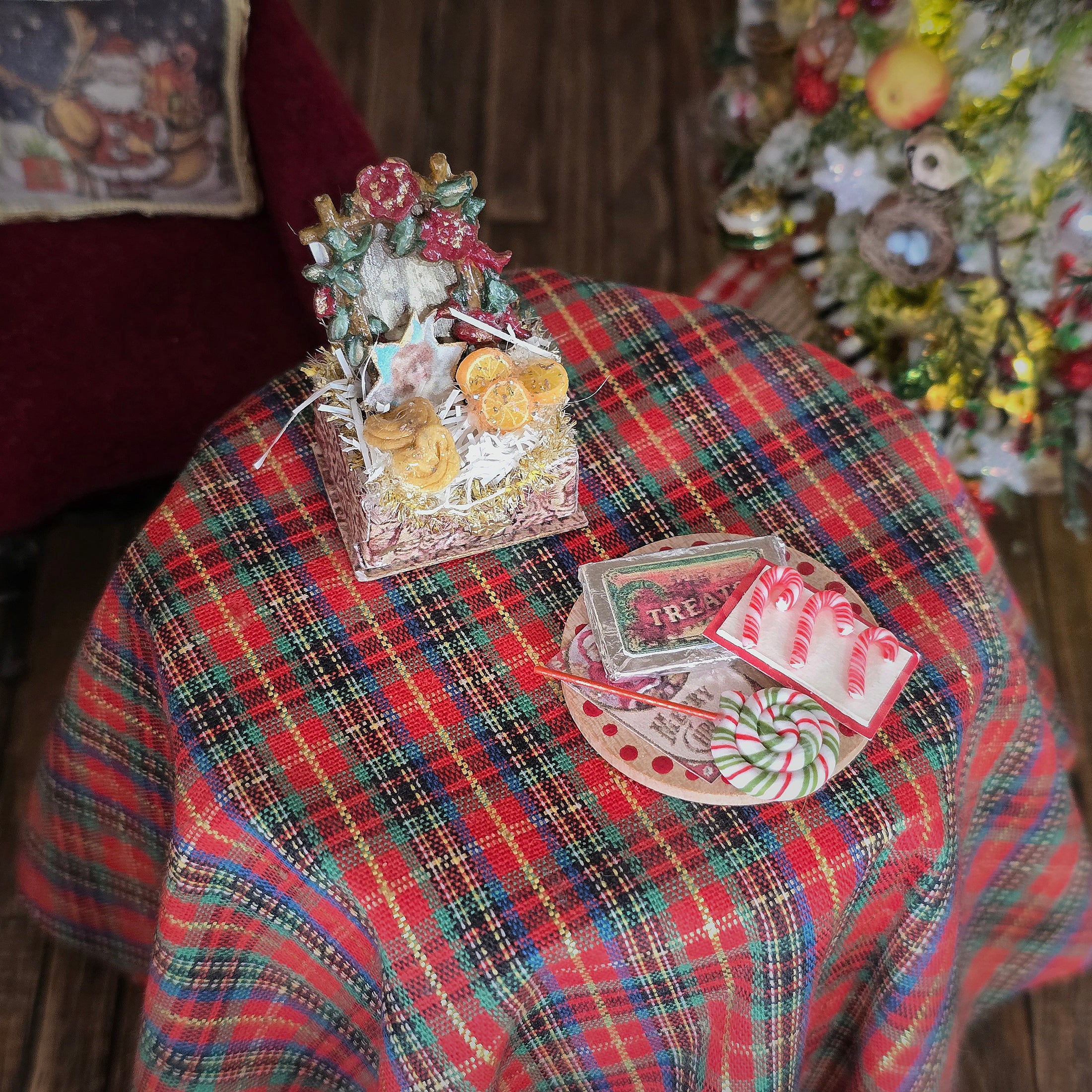 Vintage Holiday Sweets Pairing — Wooden Candy Platter & French Cookie Gift Box, on a table