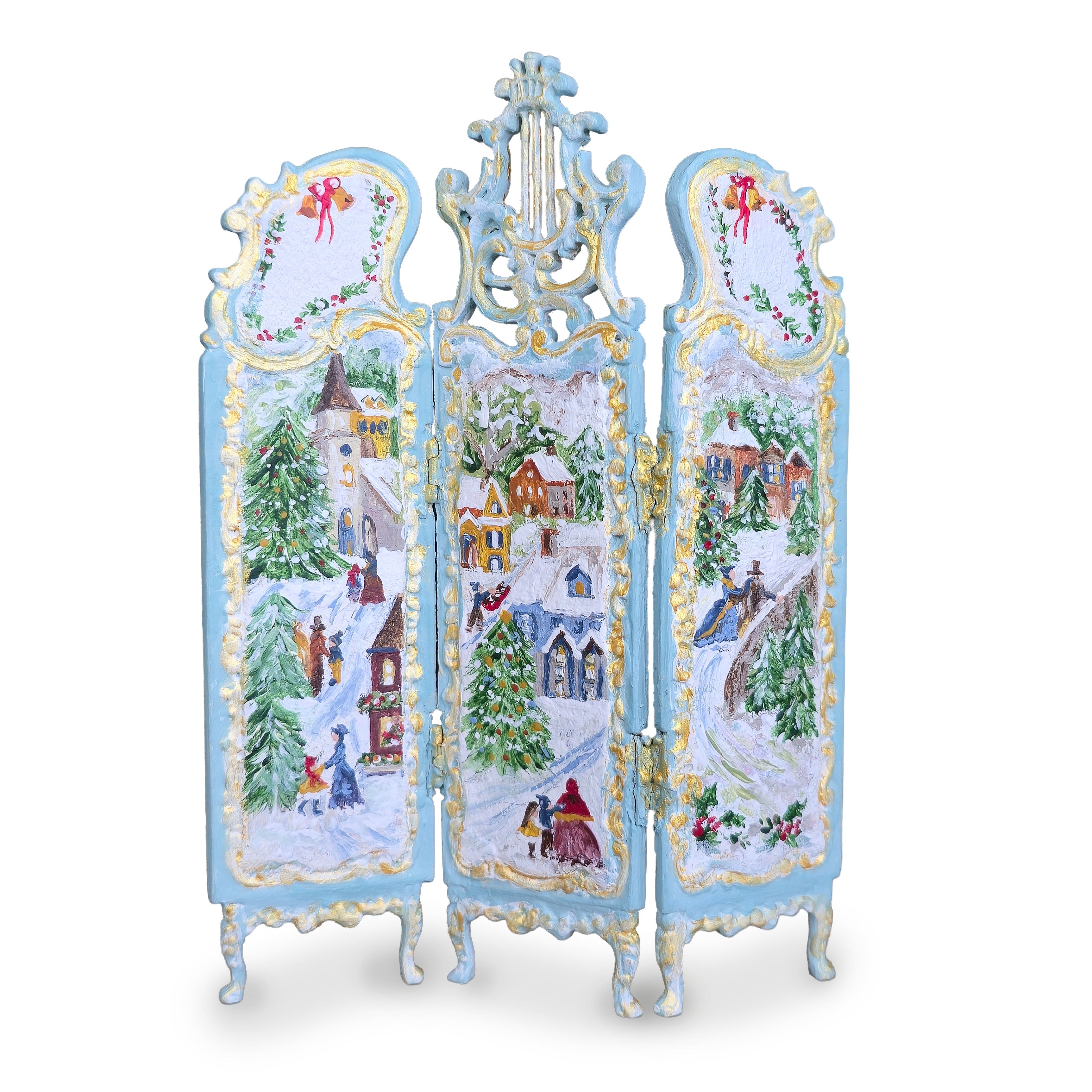 Aurearte Gilt Blue Hand Painted Victorian Winter Village Folding Screen Room Divider