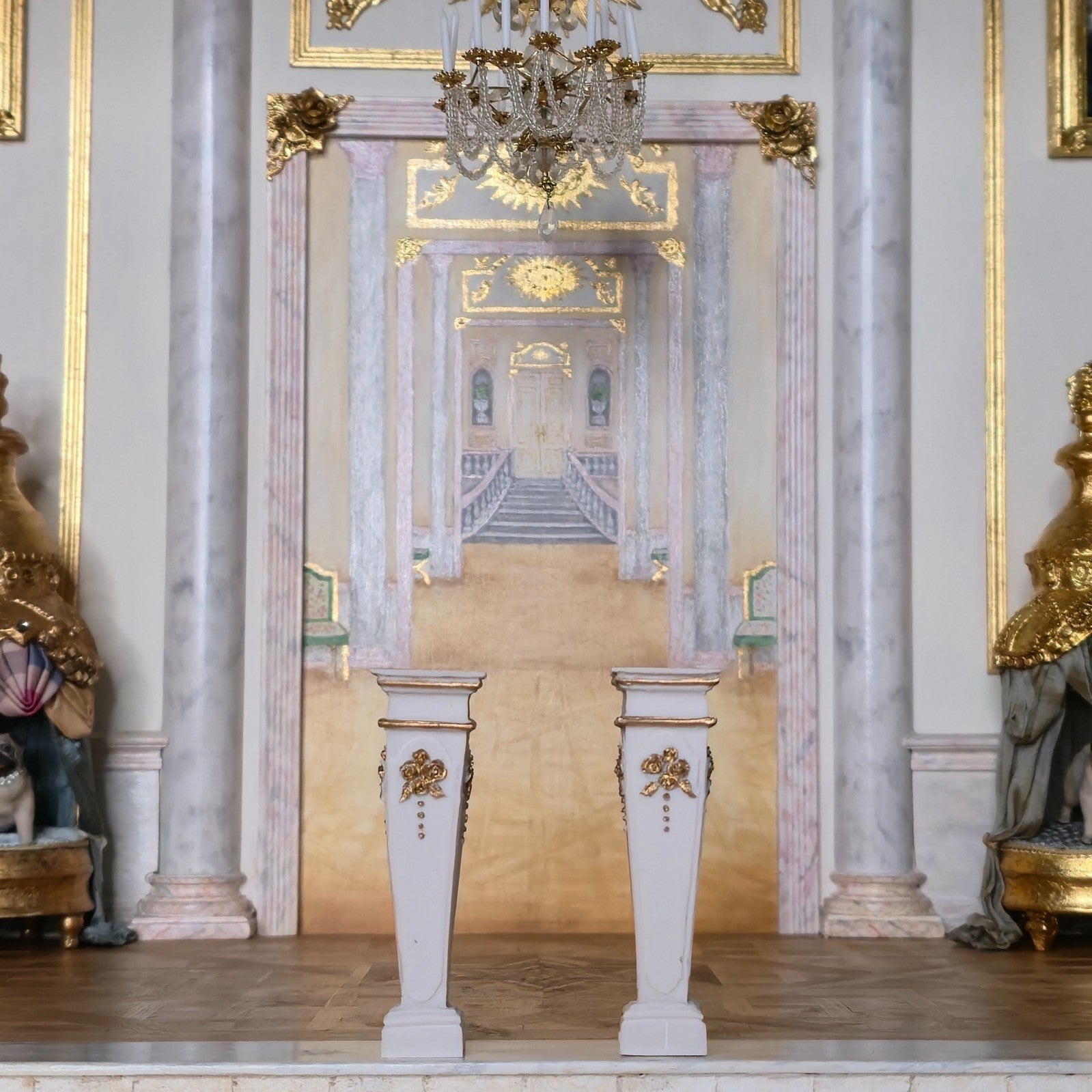 Miniature Dollhouse Pair Gilt Neoclassical Bisque Columns Pedestals Plant Stands