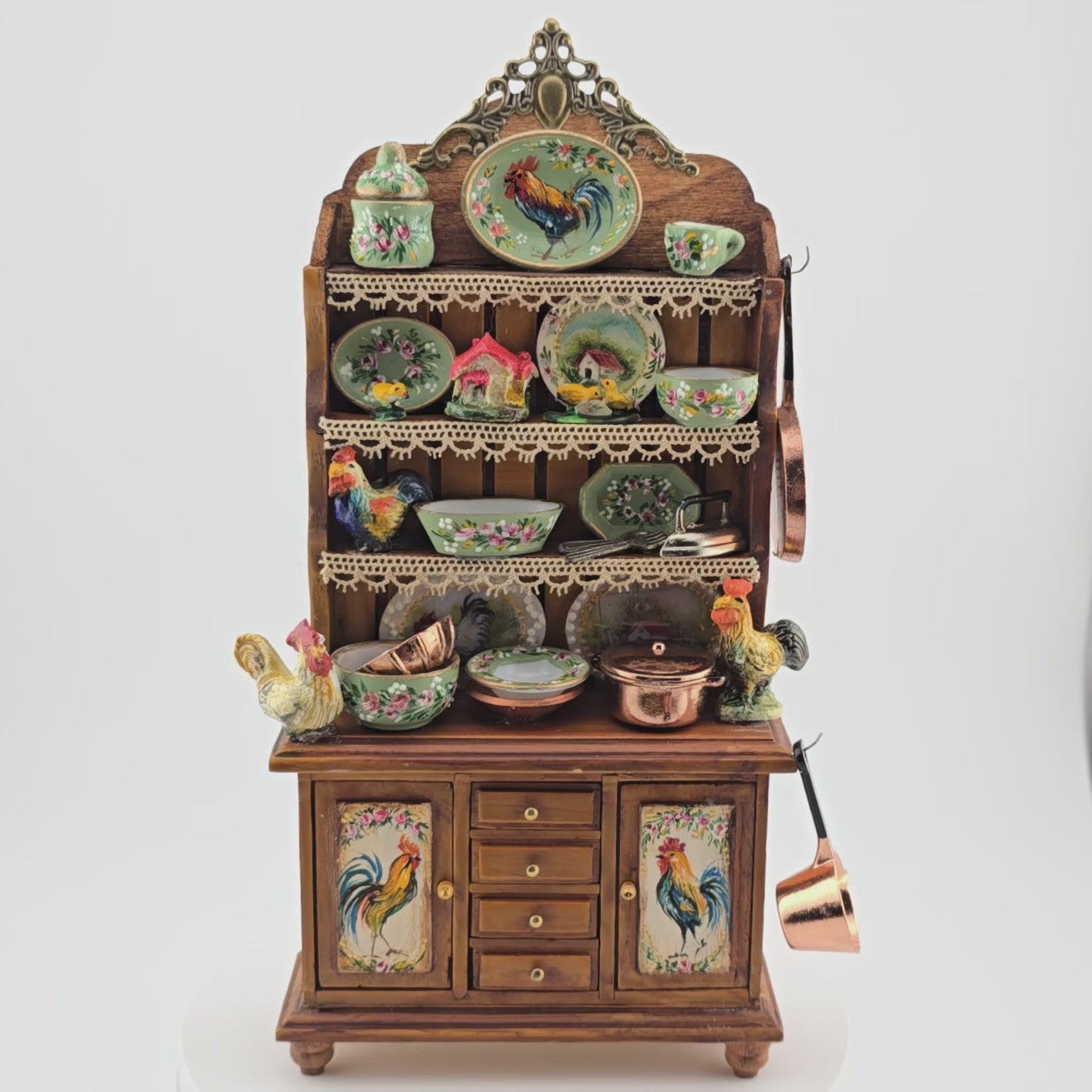 Video of rooster dressed kitchen hutch