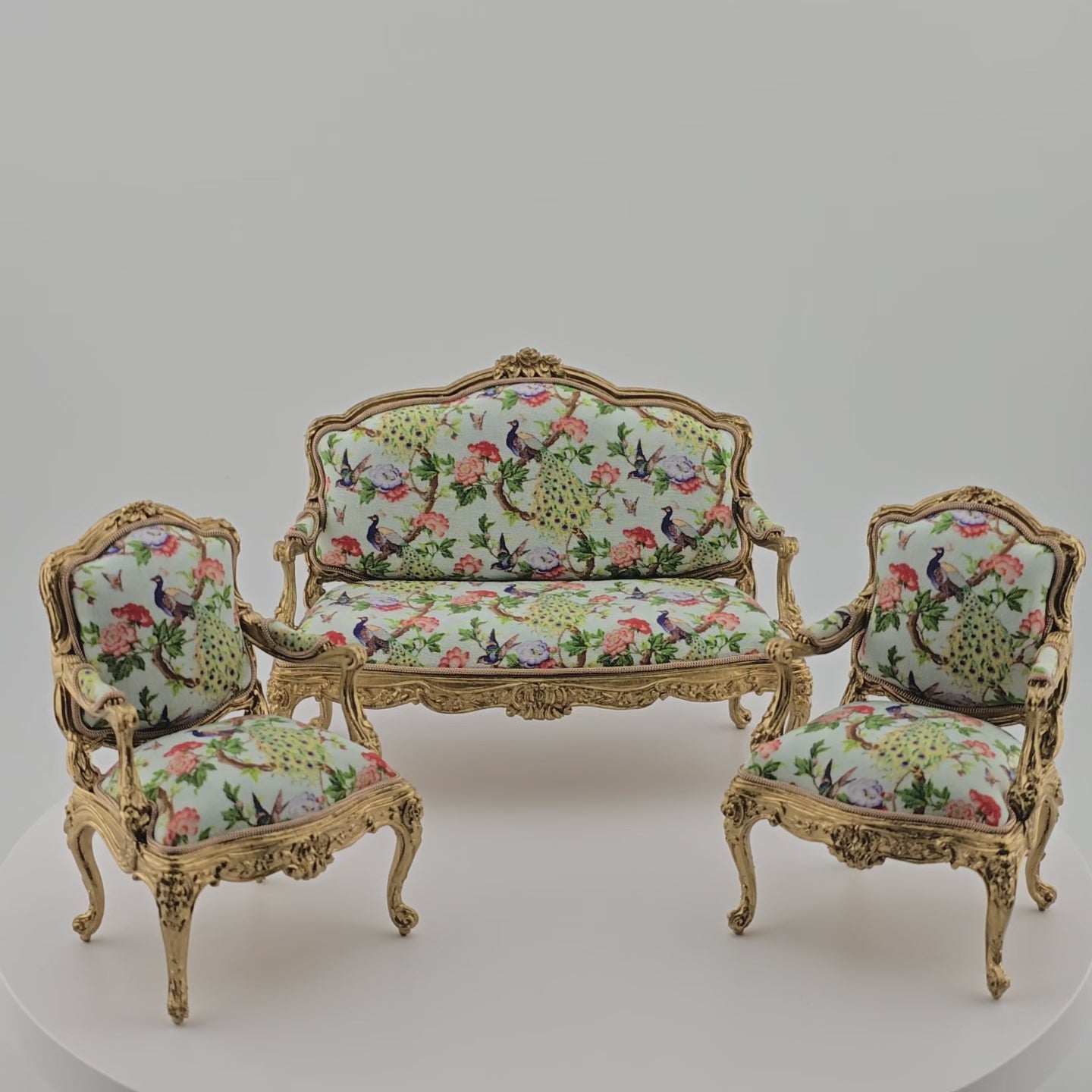 John J. Hodgson Gold-Leafed Peacock Upholstered Settee & Armchairs 3-Piece Living Room Set