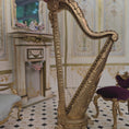 Load and play video in Gallery viewer, Vintage Bespaq Gold Concert Harp & Velvet Upholstered Chair Set 1:12
