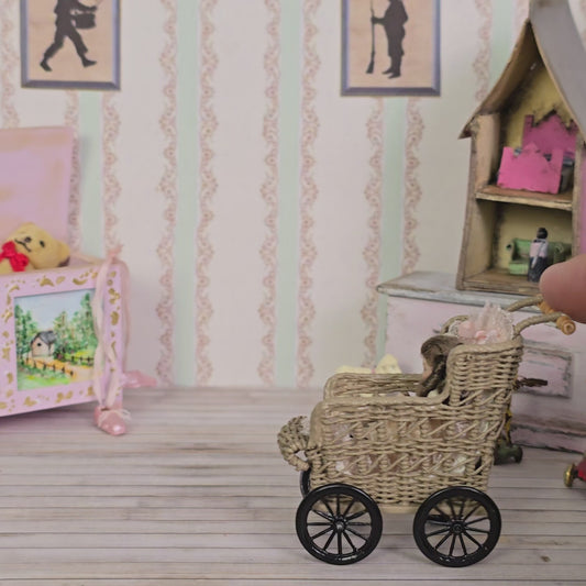 Peggie Taylor Victorian Wicker Baby Pram with Clay Doll for Nursery