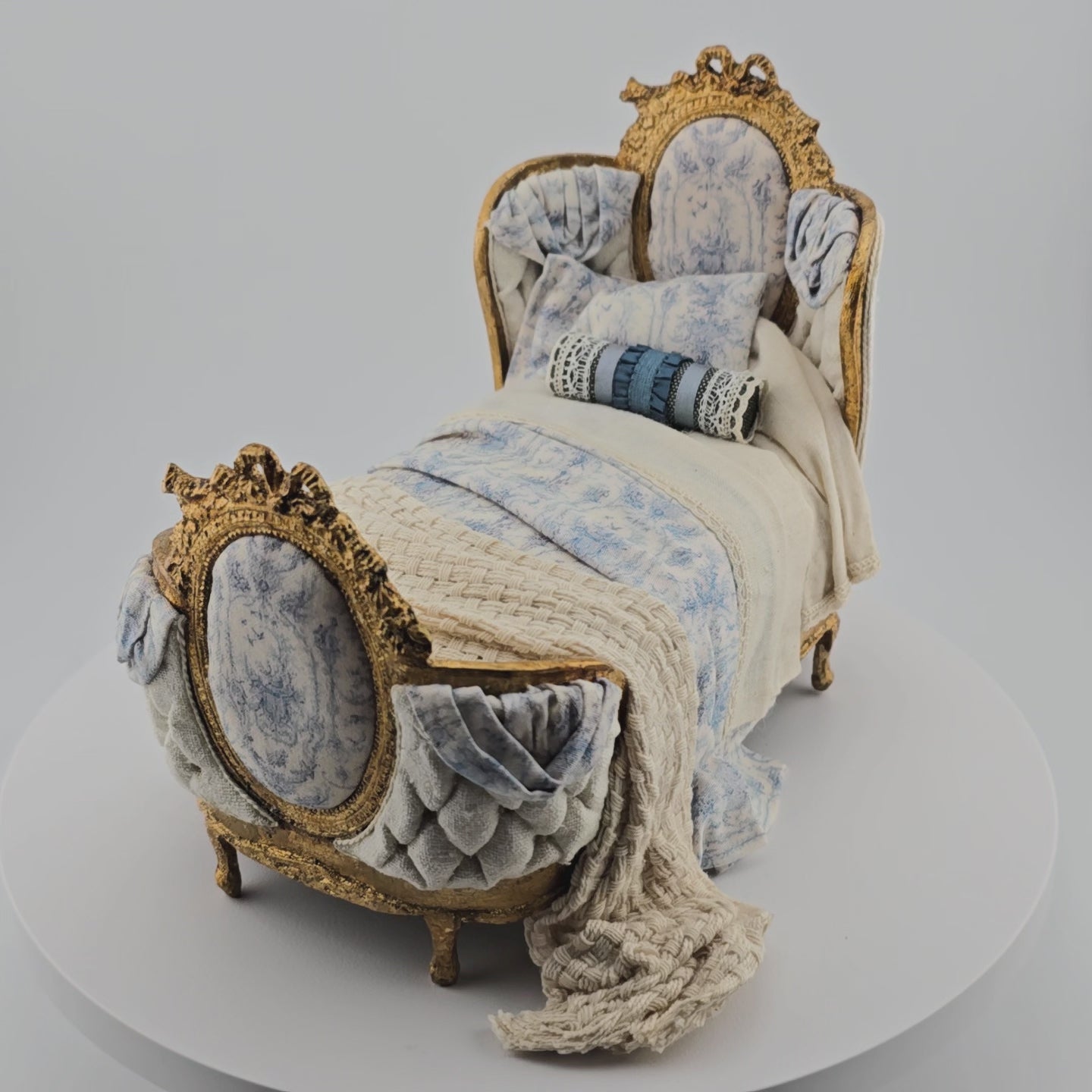 Video of dressed toile gold gilt bed