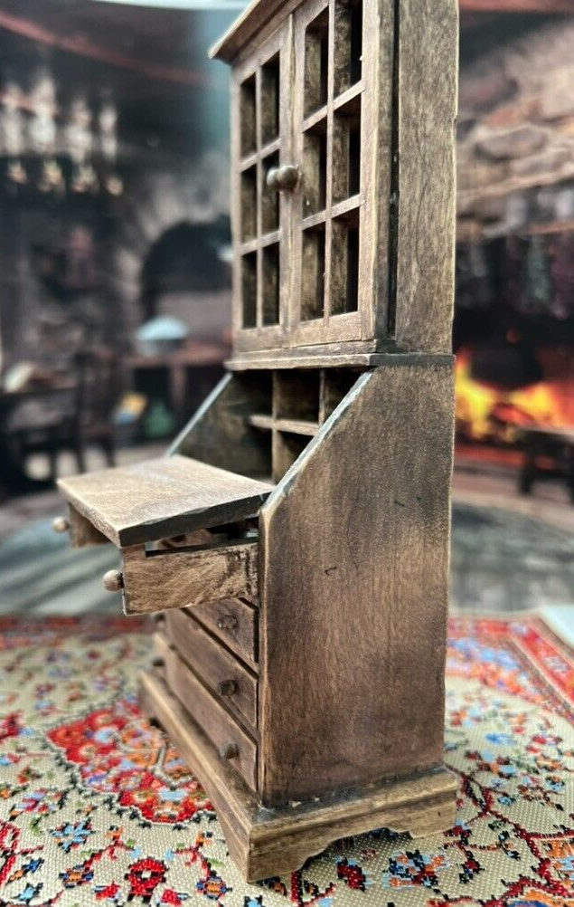Primitive Rustic Carved Wood Dollhouse Secretary Desk, desktop open