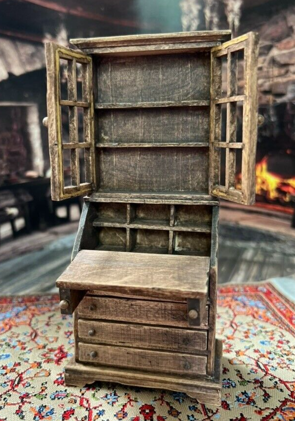 Primitive Rustic Carved Wood Dollhouse Secretary Desk, cabinet doors open