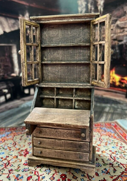 Primitive Rustic Carved Wood Dollhouse Secretary Desk, cabinet doors open