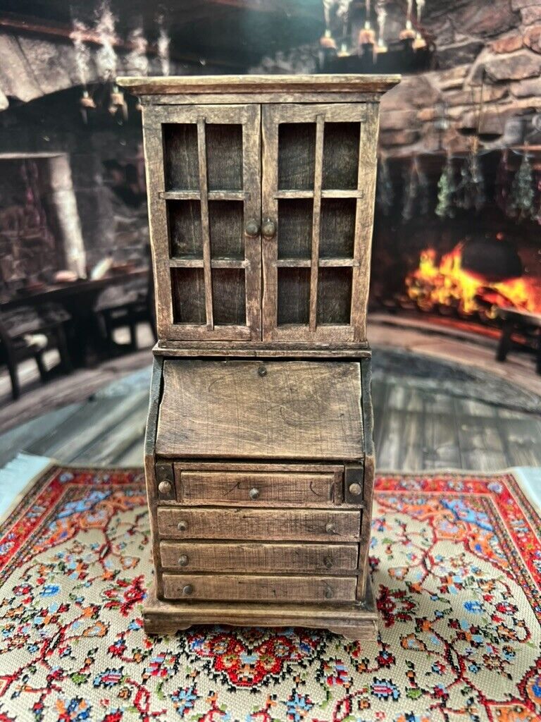 Primitive Rustic Carved Wood Dollhouse Secretary Desk, front view, doors closed