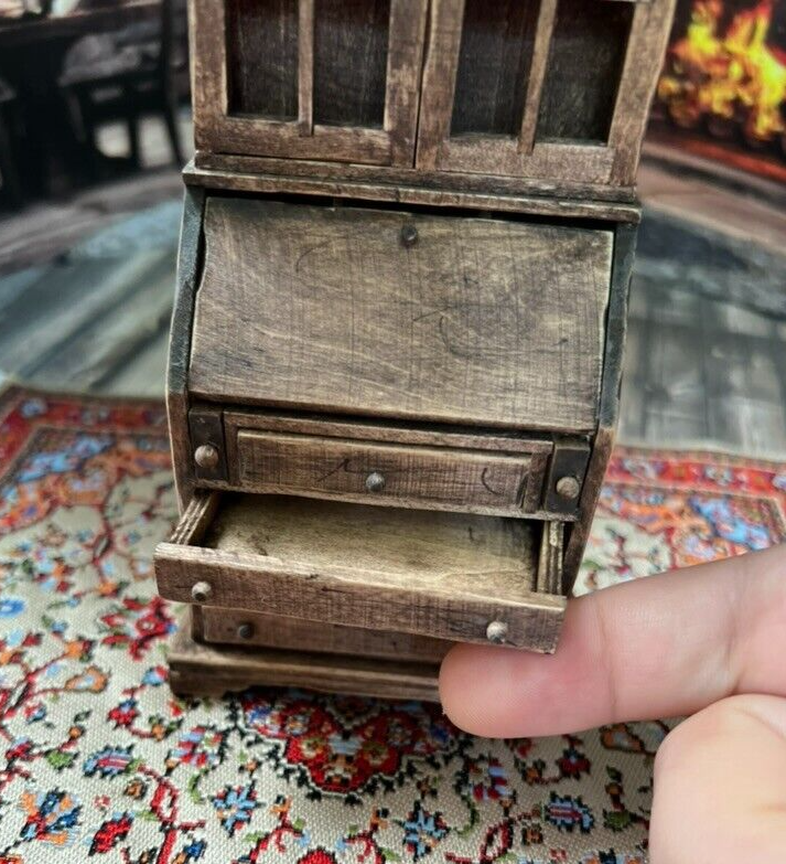 Primitive Rustic Carved Wood Dollhouse Secretary Desk, open desk drawers