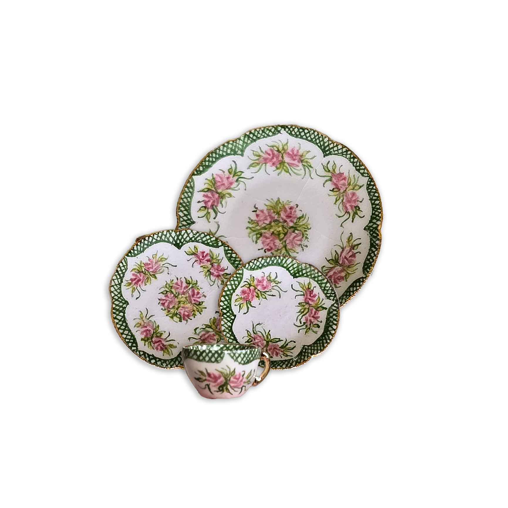 Teresa Welch Gilt GREEN Rose Porcelain 4-Piece Place Setting 2014