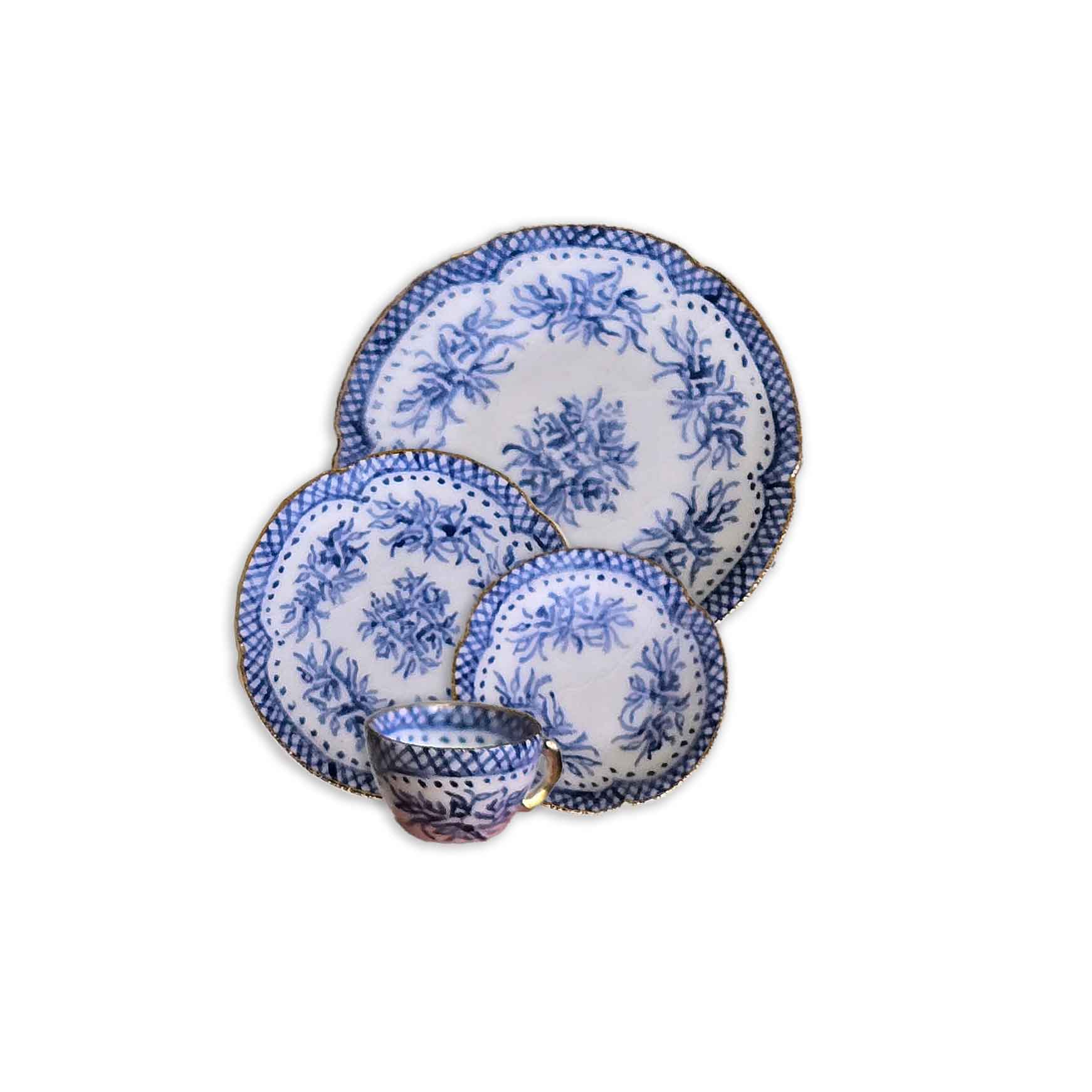 Teresa Welch Gilt Cobalt Blue & White Porcelain 4-Piece Place Setting 2015