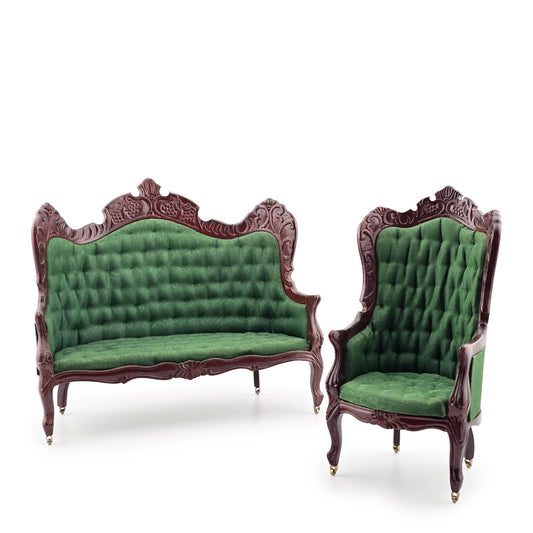 Miniature Dollhouse Vintage X-Acto Coronation Series Green Settee & Armchair Set