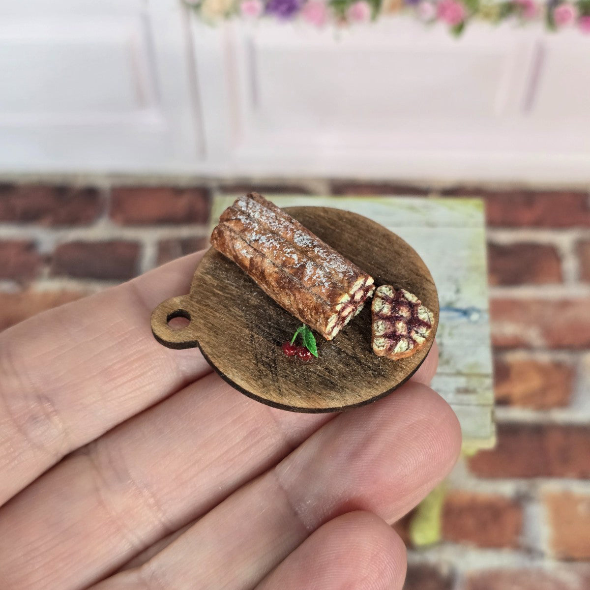 Miniature Dollhouse Rustic European Cherry Jelly Roll Cake On Baker Board Clay