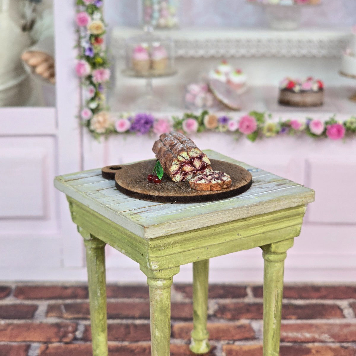 Miniature Dollhouse Rustic European Cherry Jelly Roll Cake On Baker Board Clay