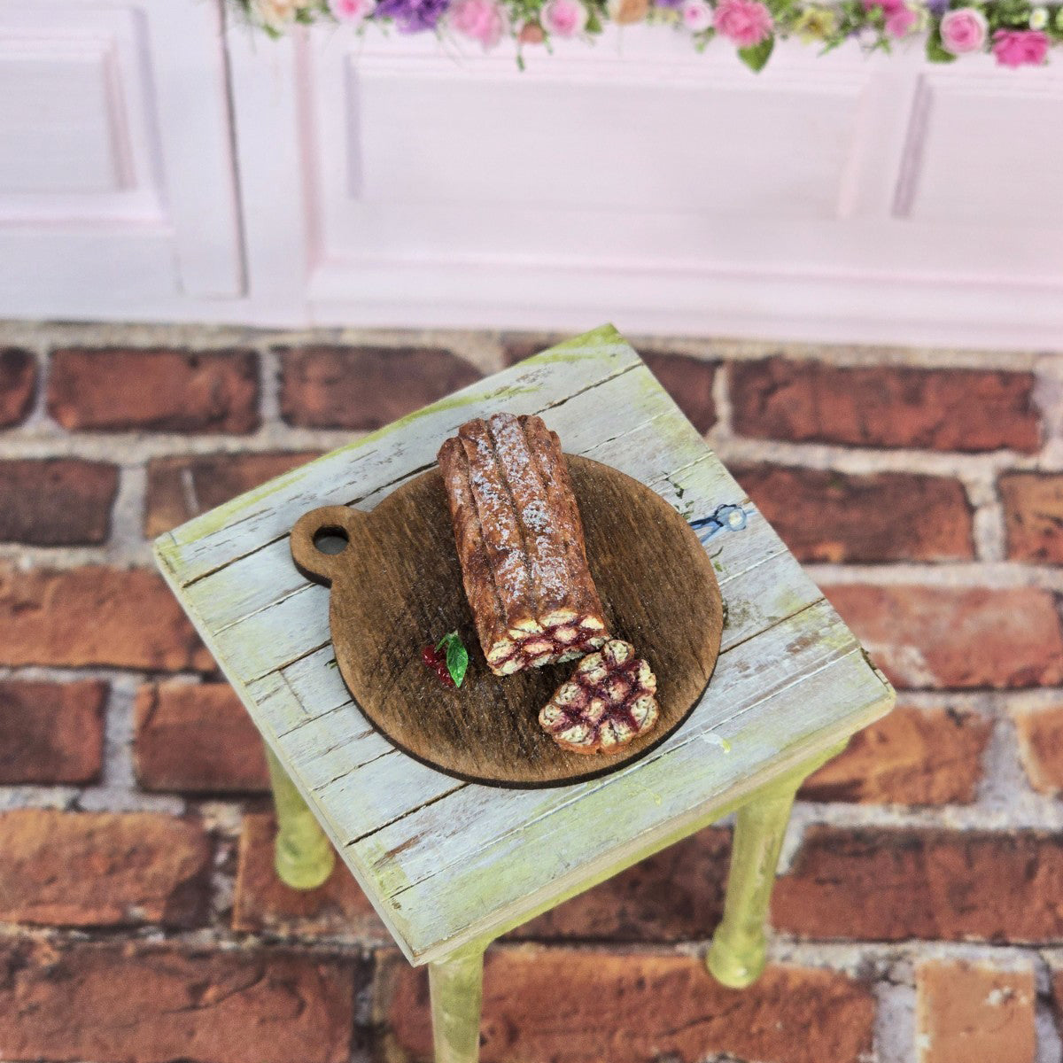 Miniature Dollhouse Rustic European Cherry Jelly Roll Cake On Baker Board Clay