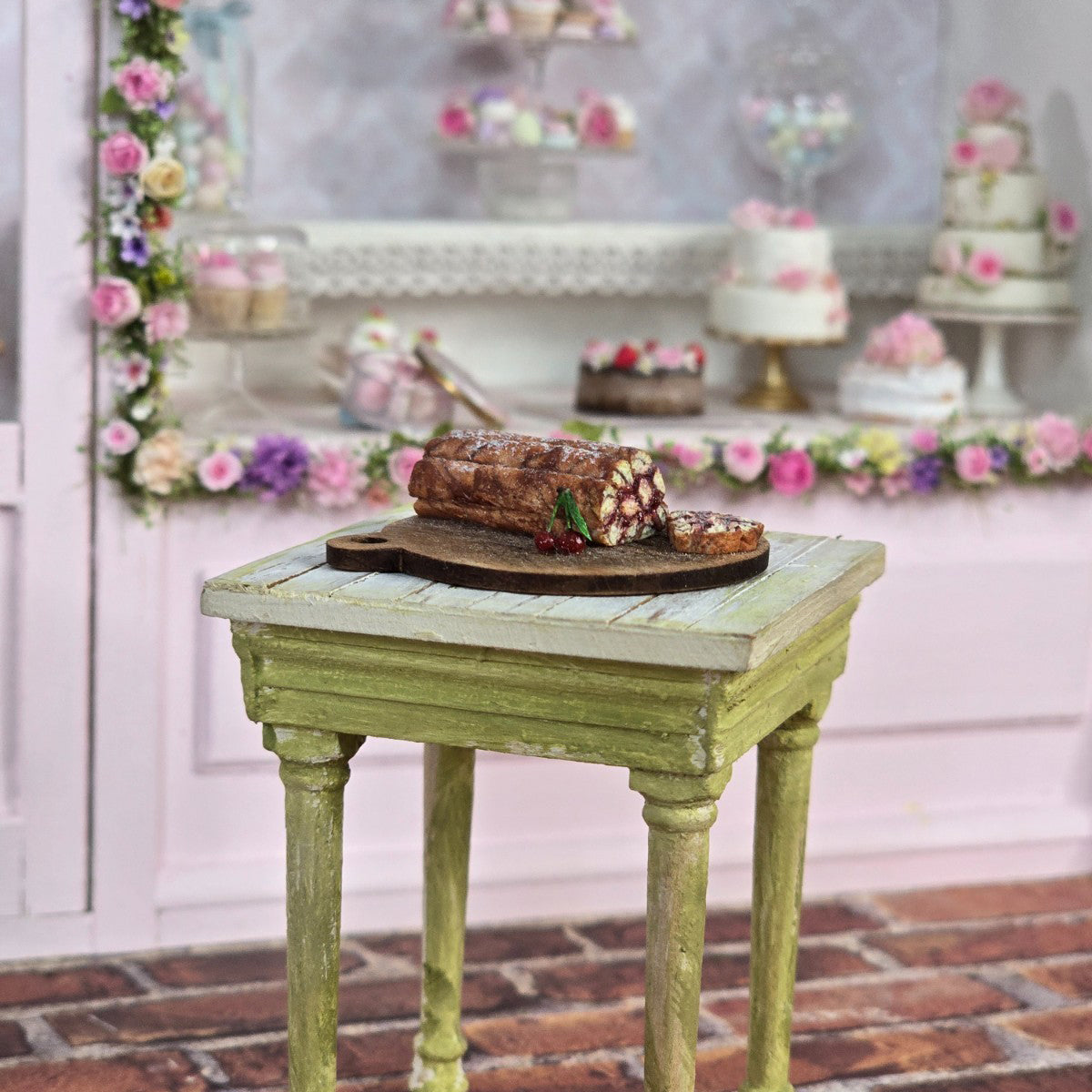 Miniature Dollhouse Rustic European Cherry Jelly Roll Cake On Baker Board Clay