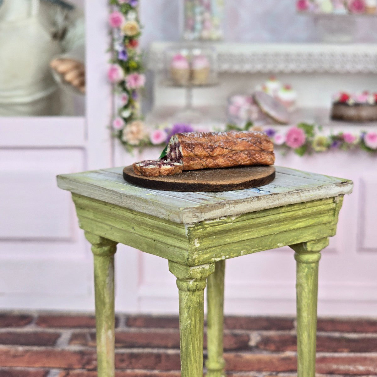 Miniature Dollhouse Rustic European Cherry Jelly Roll Cake On Baker Board Clay