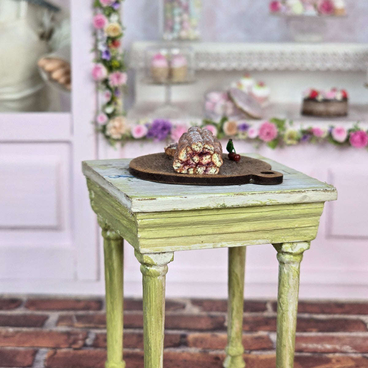 Miniature Dollhouse Rustic European Cherry Jelly Roll Cake On Baker Board Clay